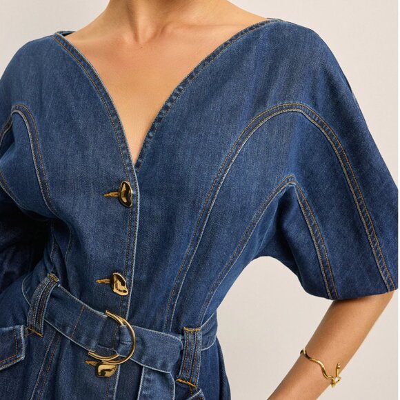 Commense Pocketed Belted Denim Dress Sz M - Picture 4 of 9